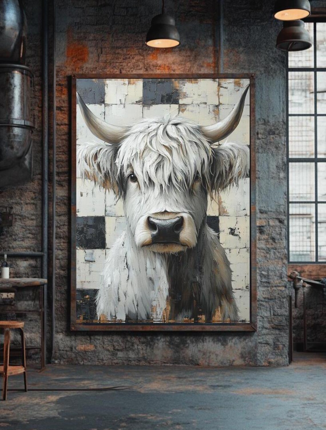 White Highland Cow Rustic Patchwork Farmhouse Cattle Art Poster