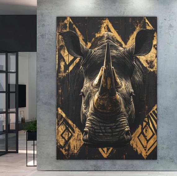 Gold Rhino Wall Art Large Animal Print Black Canvas Wildlife Home Decor Luxury Safari Poster Modern Painting