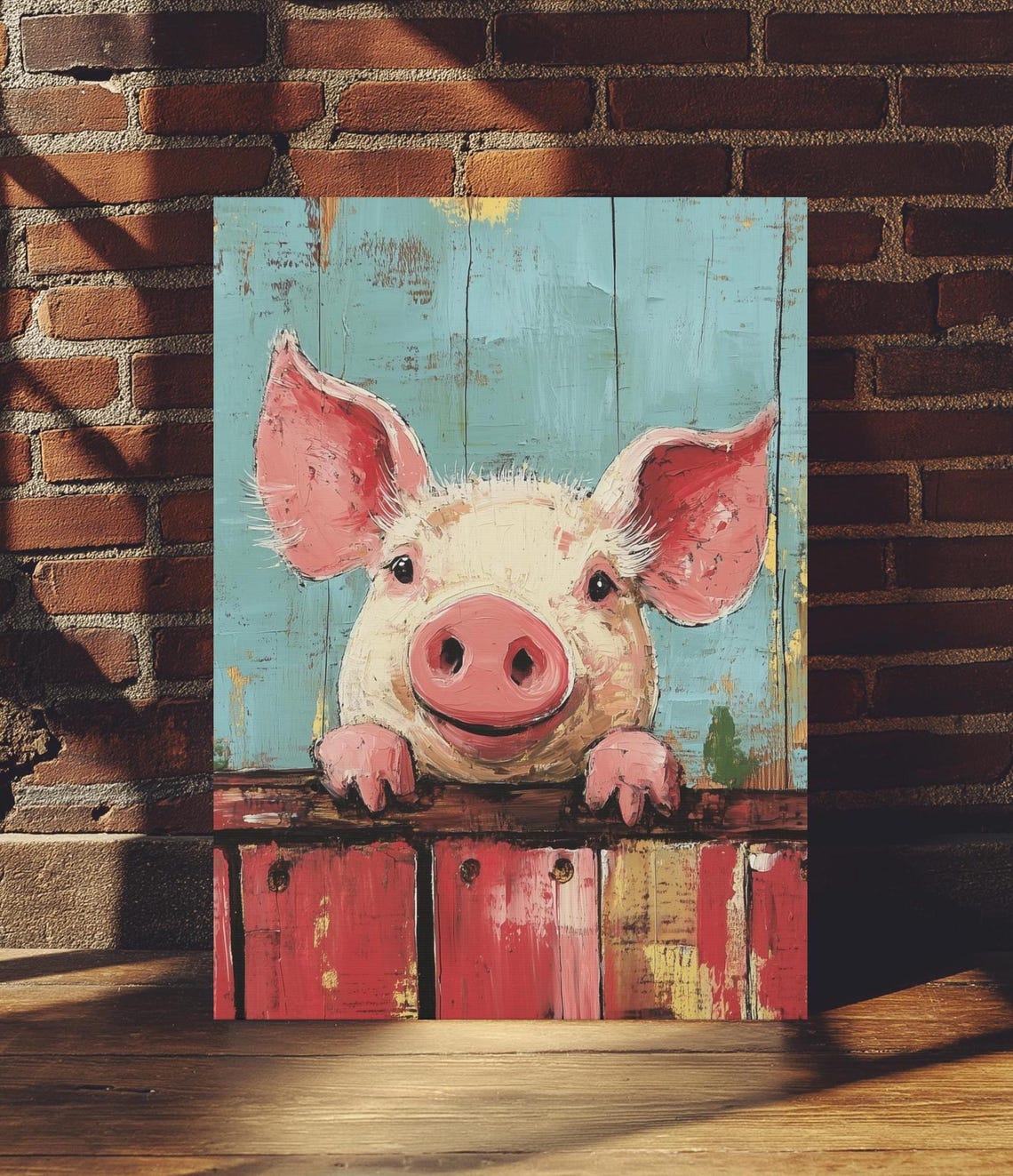 Funny Cute Pig Peeking Over Rustic Red Fence Farmhouse Wall Art