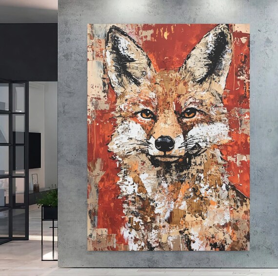 Red Fox Portrait Abstract Textured Rustic Wildlife Painting Wall Art