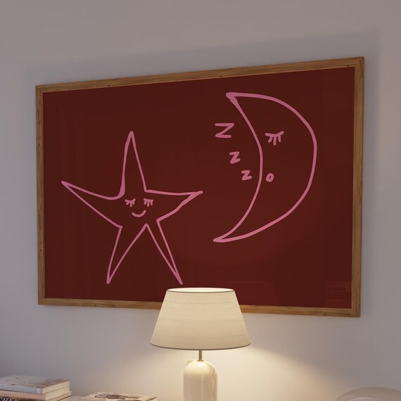 Star And Moon Print Trendy Bedroom Wall Art Digital Download Horizontal