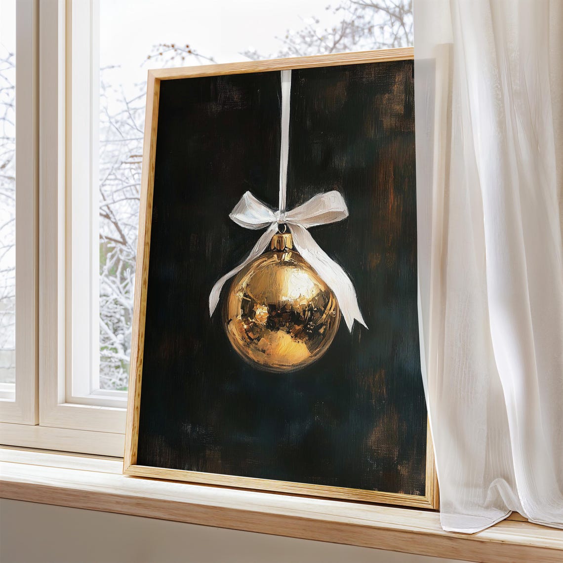 Gold Christmas Ornament with White Bow on Black Moody Poster - Image 3