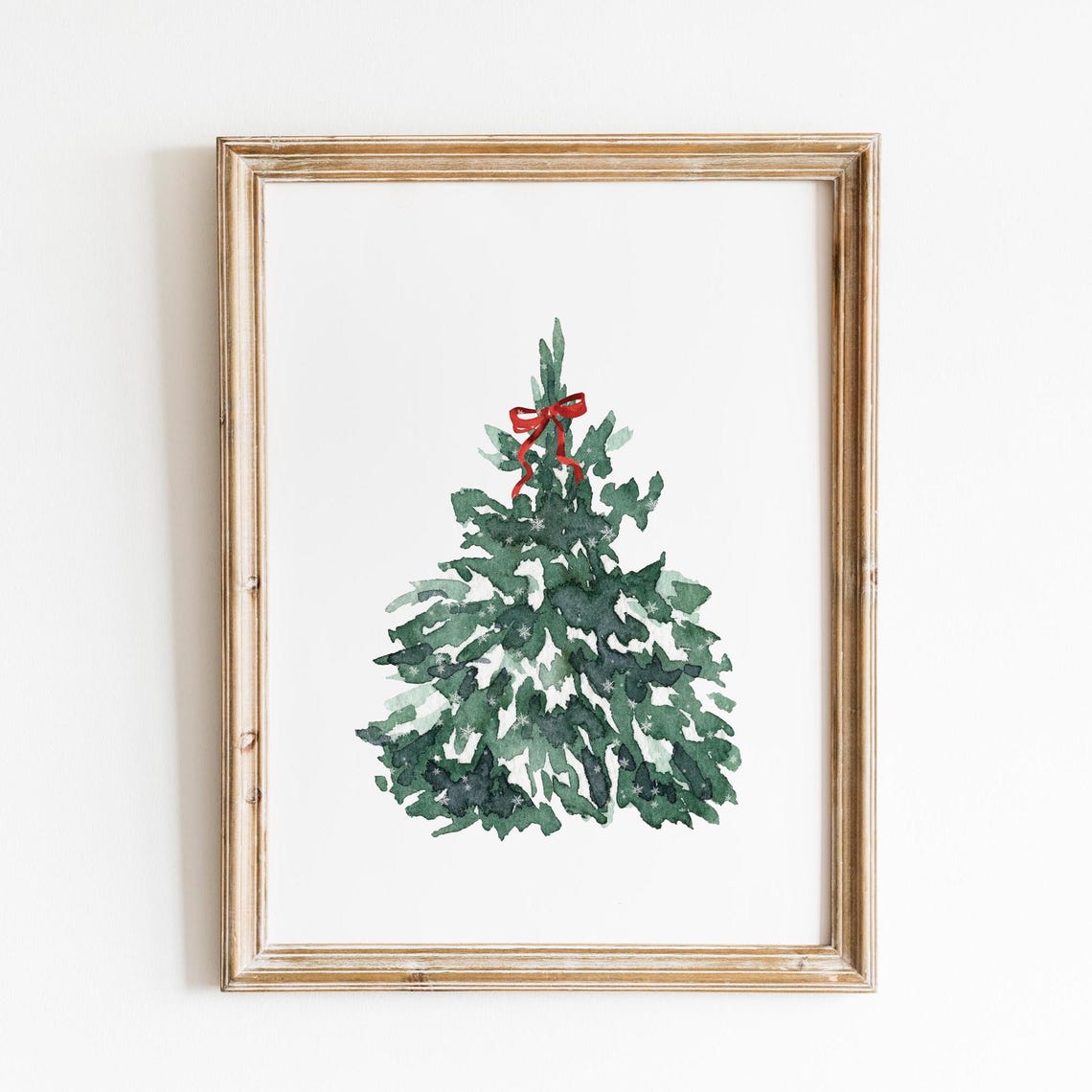 Watercolor Christmas Tree with Red Bow Minimalist Holiday Poster