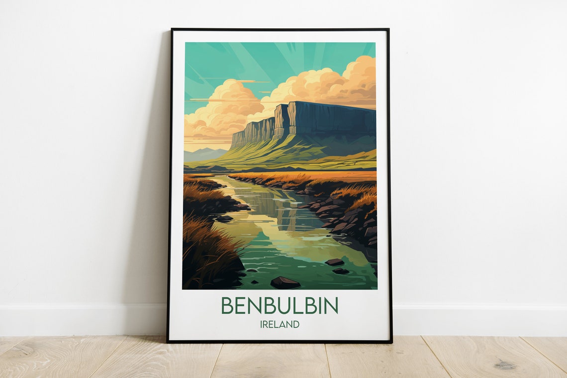 Benbulbin Ireland Mountain Landscape Retro Travel Art Poster