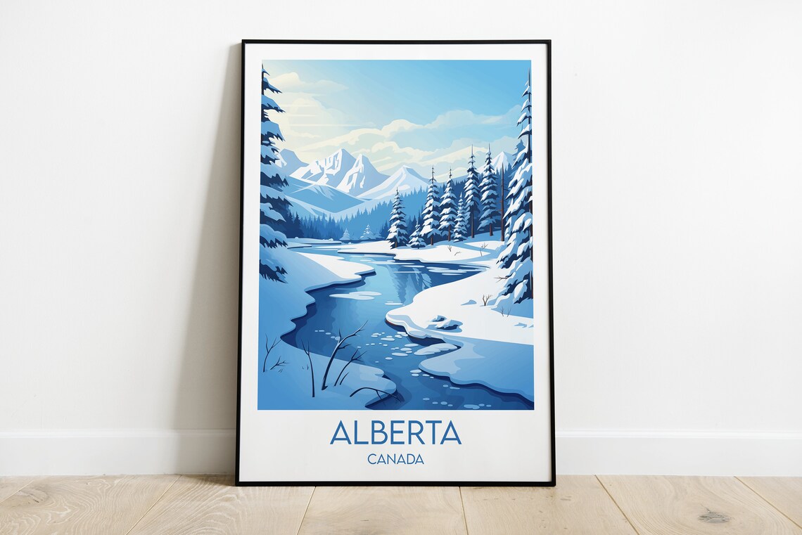 Alberta Canada Winter Snow Mountain River Scene Travel Poster