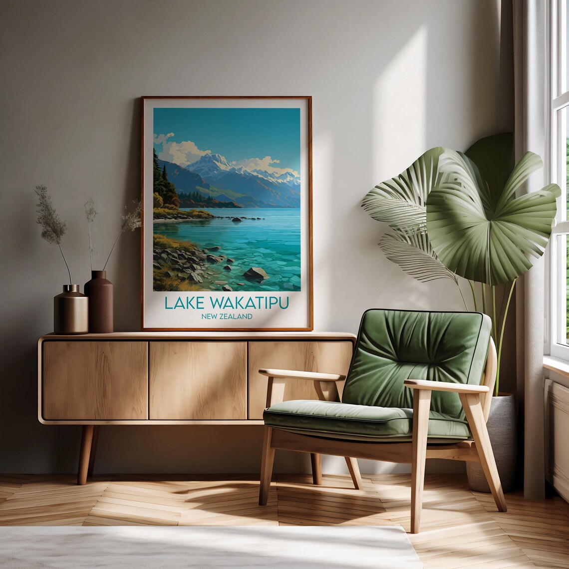Lake Wakatipu New Zealand Mountain Lake Shore Vintage Poster - Image 2