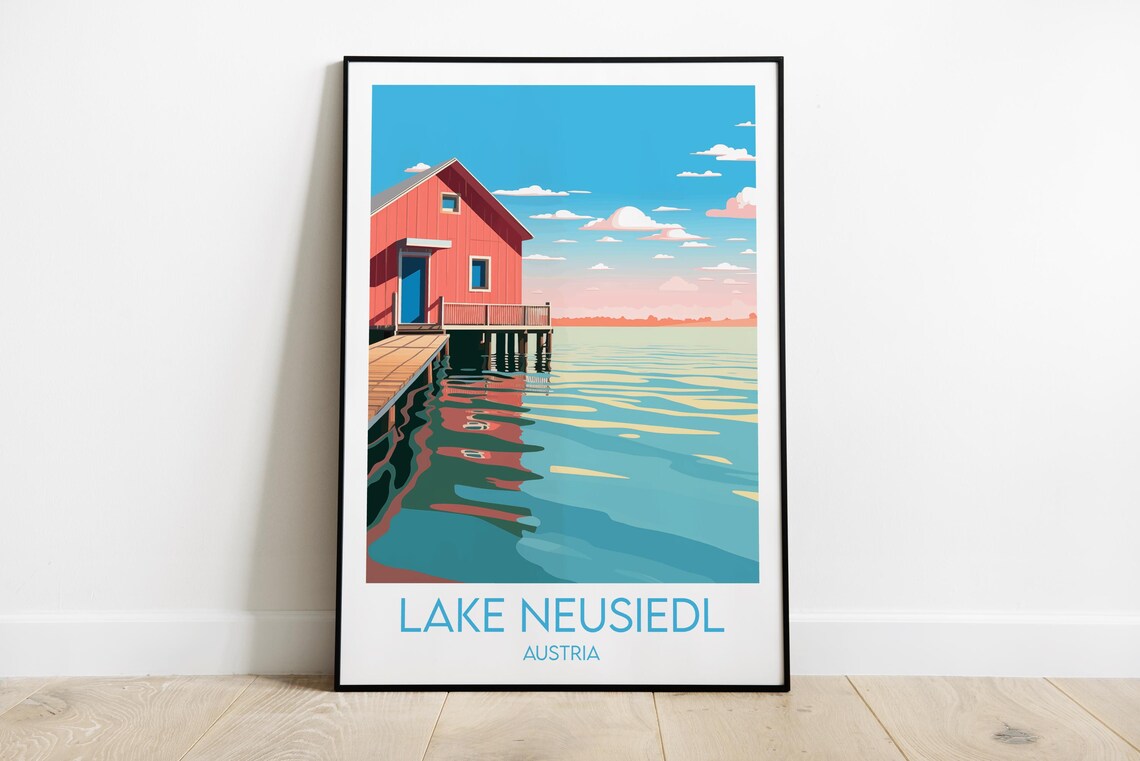 Lake Neusiedl Austria Red Stilt House On Calm Water Travel Poster