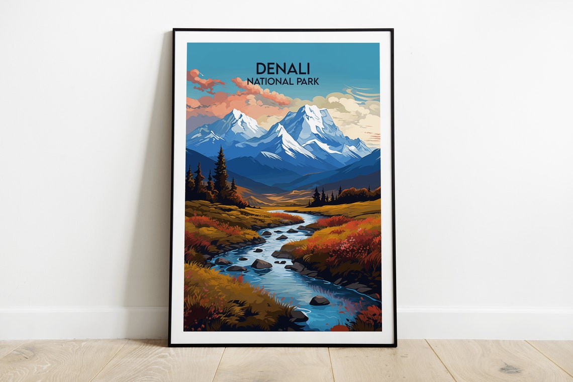 Denali National Park Snowy Peaks Winding River Travel Poster