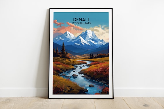 Denali National Park Snowy Peaks Winding River Travel Poster