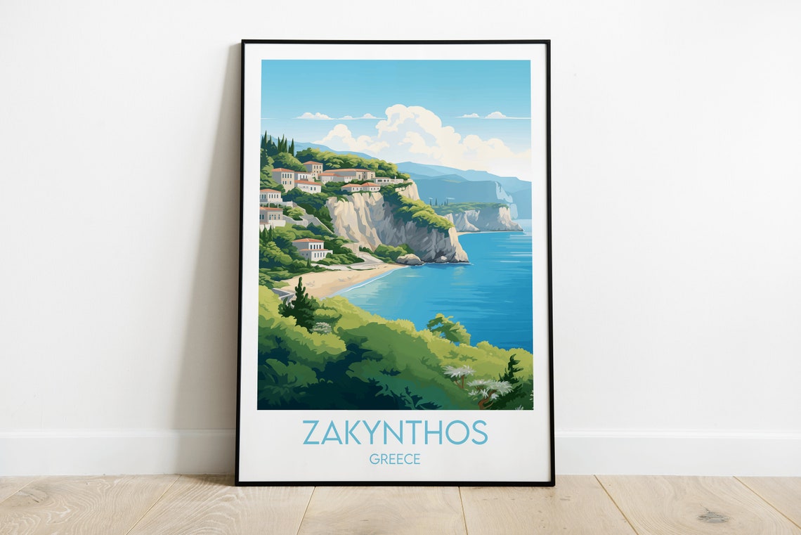 Zakynthos Greece Cliff Beach Hillside Village Coast View Travel Poster