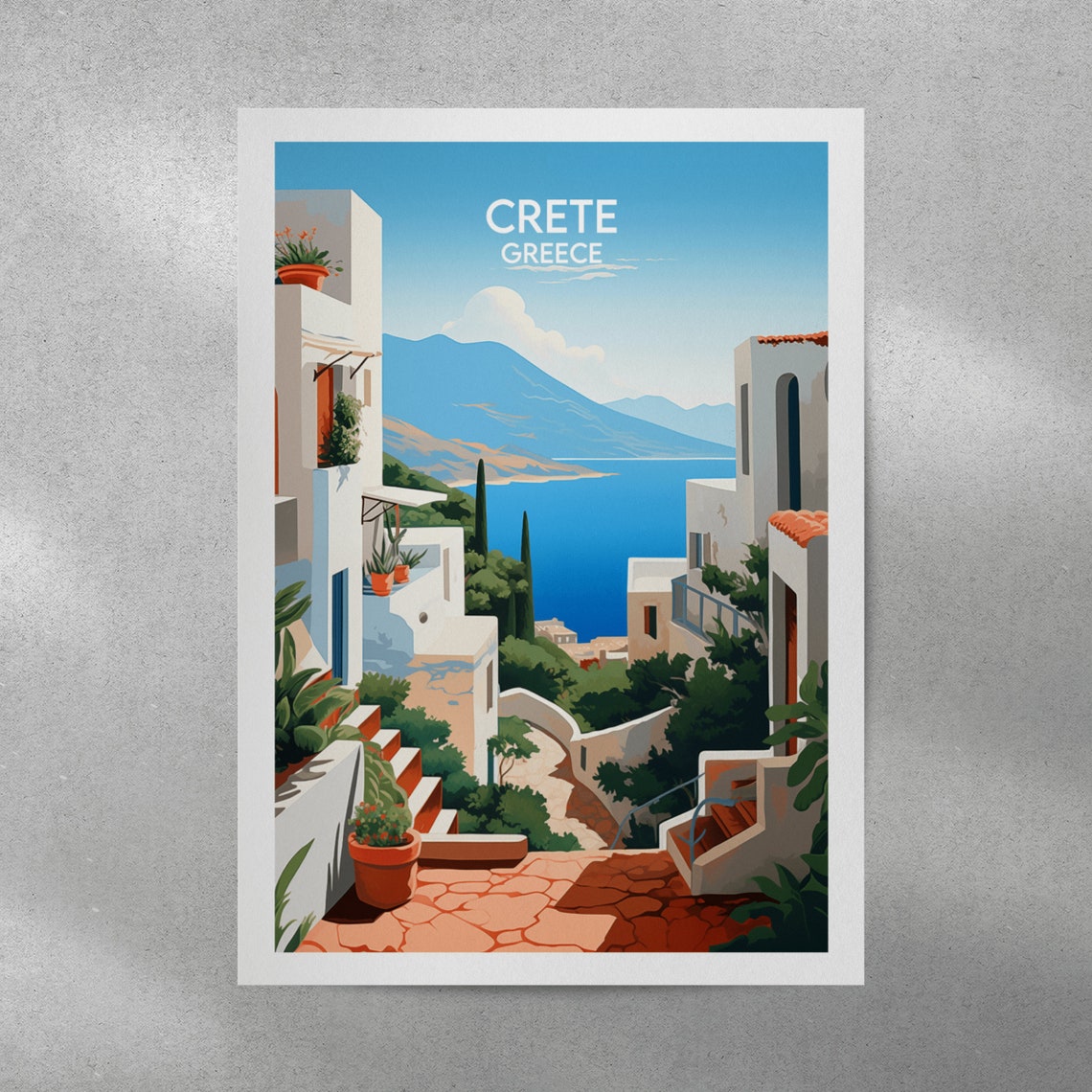 Crete Greece Whitewashed Village Stairs Sea View Mediterranean Poster - Image 5