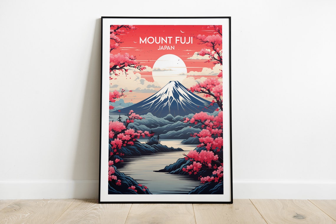 Mount Fuji Japan Cherry Blossoms Snow Capped Peak Sunset Travel Poster