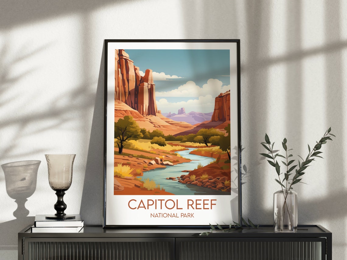 Capitol Reef National Park River Through Red Cliffs Travel Art Poster - Image 3