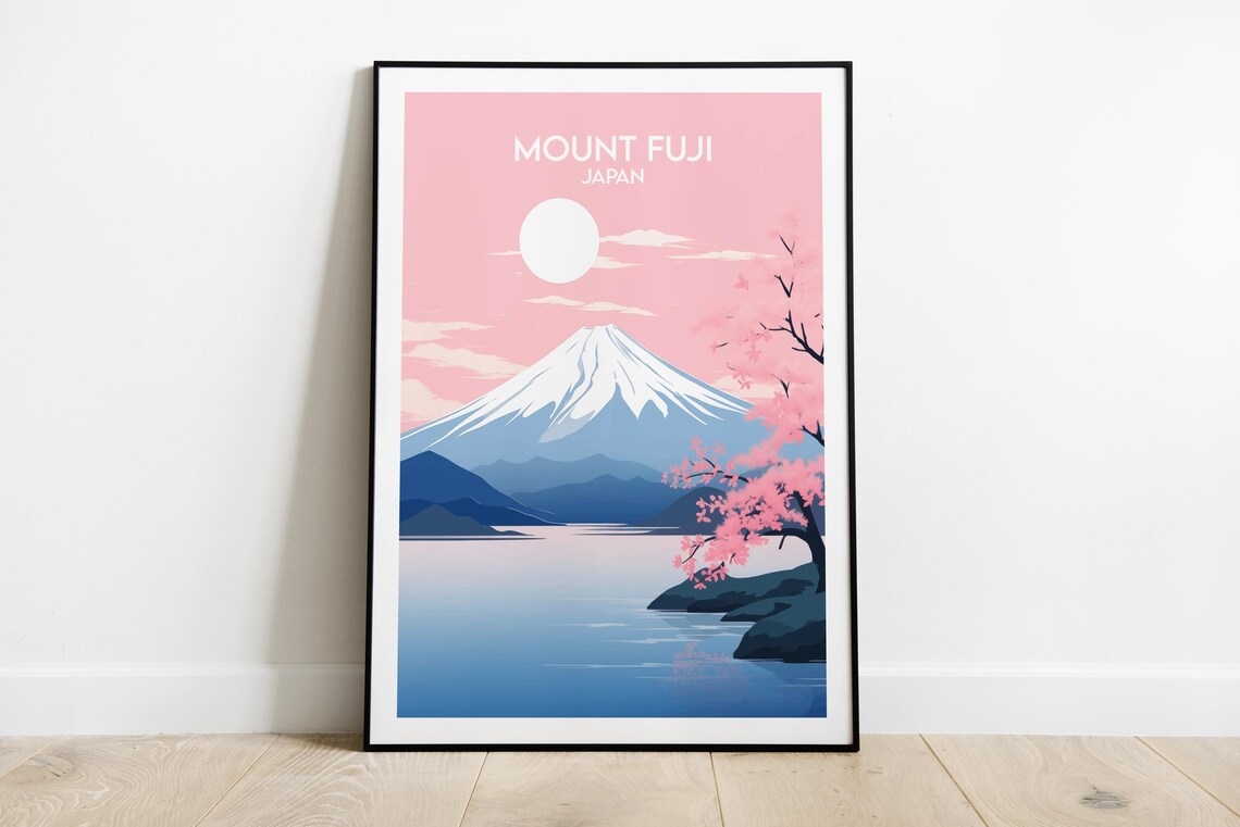 Mount Fuji Cherry Blossom Lake Japan Pink Vintage Travel Poster