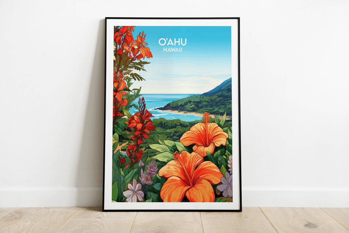 Oahu Hawaii Hibiscus Blooms Coast View Vintage Travel Poster