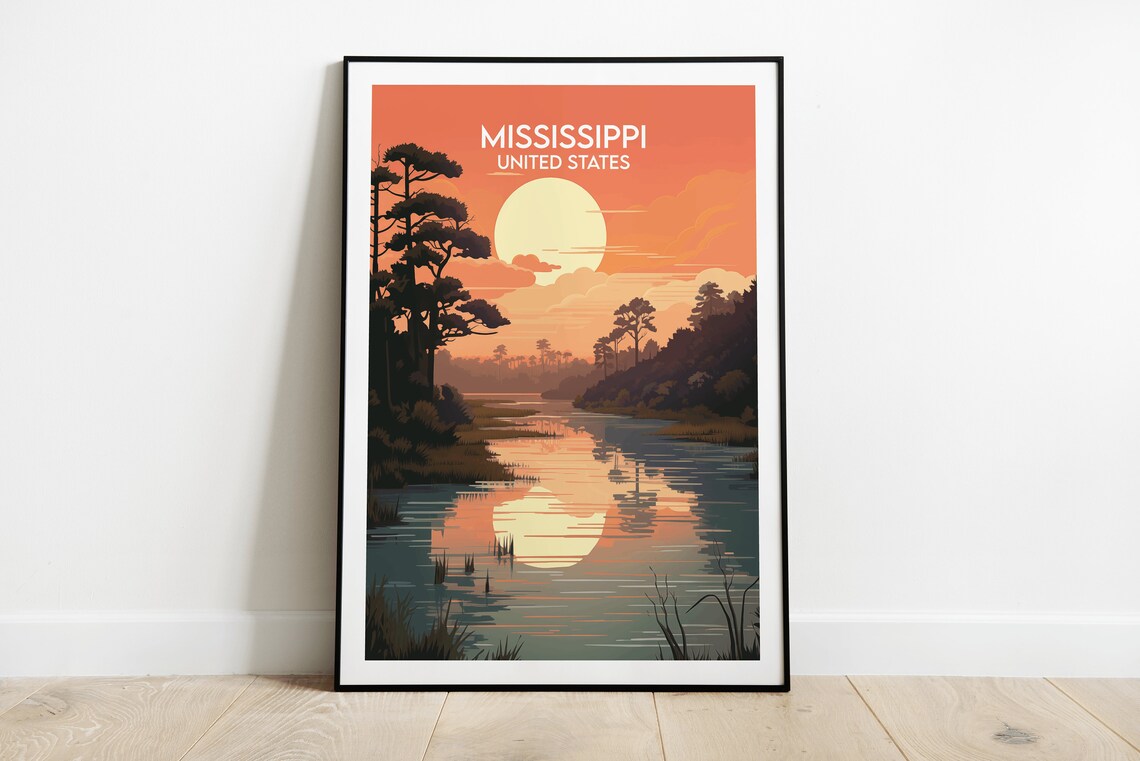 Mississippi River Sunset Wetlands Cypress Vintage Travel Poster