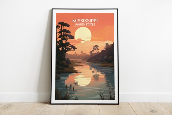 Mississippi River Sunset Wetlands Cypress Vintage Travel Poster