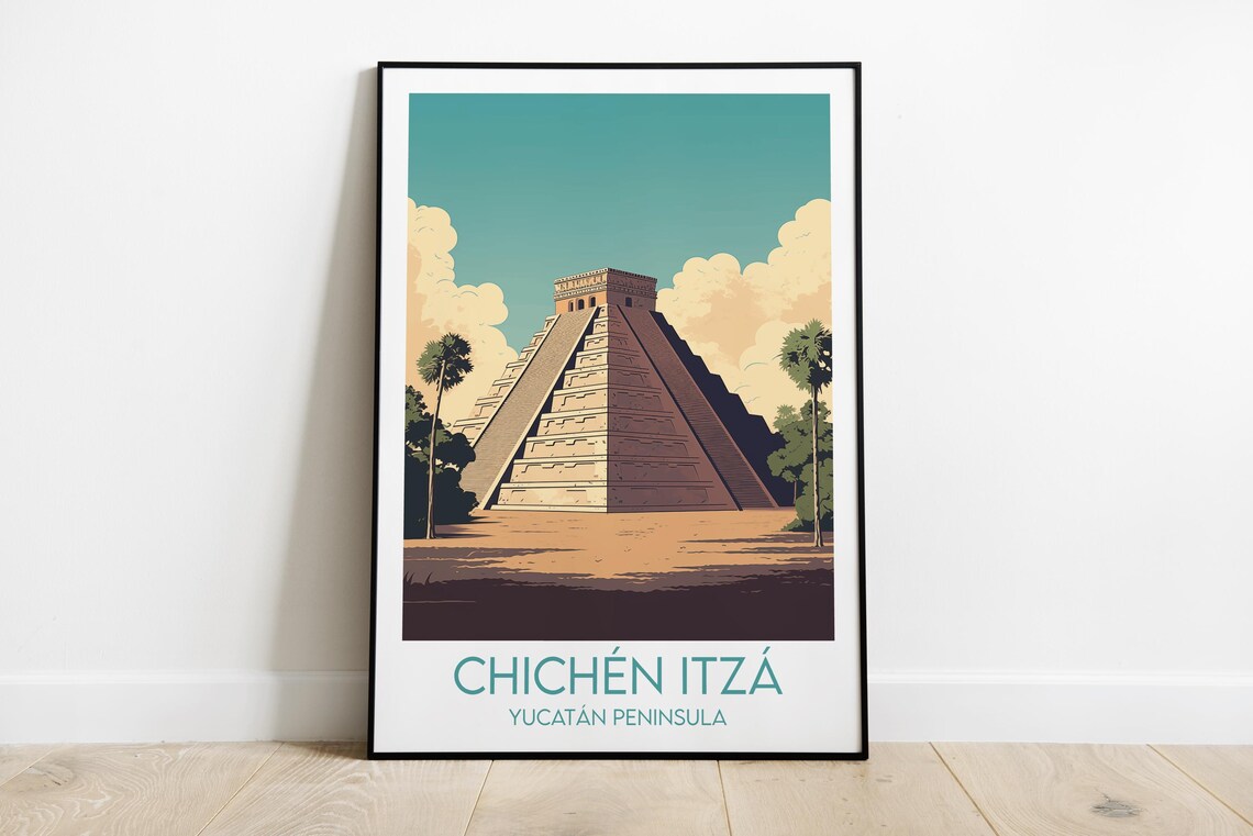 Chichen Itza Mayan Pyramid Yucatan Vintage Travel Art Poster