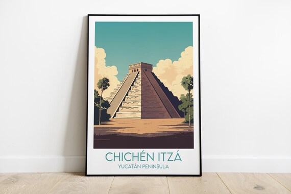Chichen Itza Mayan Pyramid Yucatan Vintage Travel Art Poster
