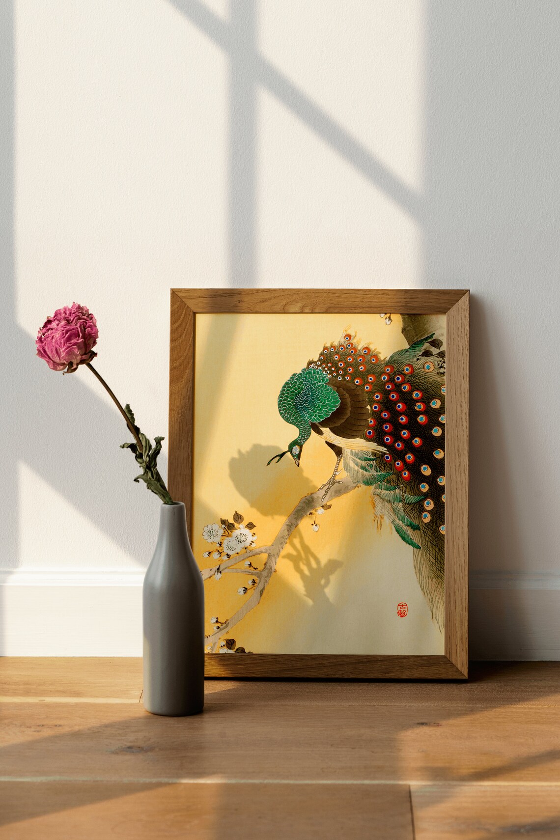Regal Peacock on Blossom Branch Japanese Woodblock Art Poster - Image 3