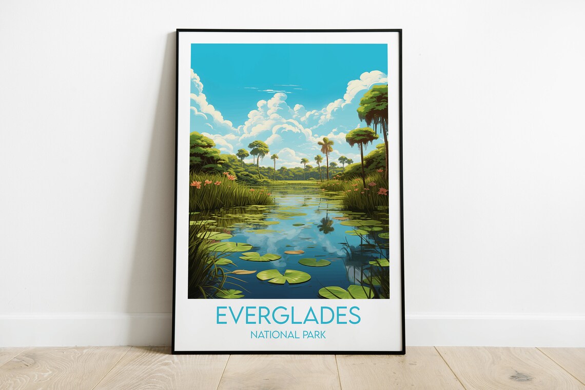 Everglades National Park Lily Pond Palms Blue Sky Travel Poster
