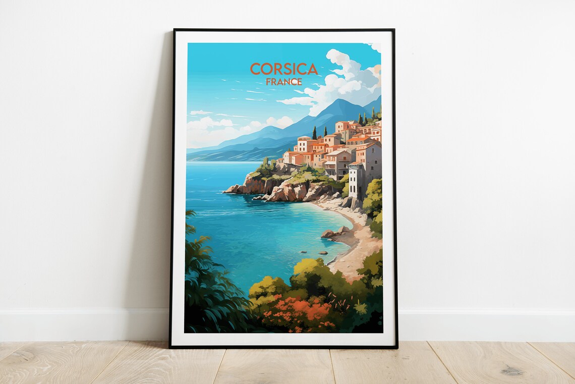 Corsica France Travel Poster Coastal Village Turquoise Sea Artwork