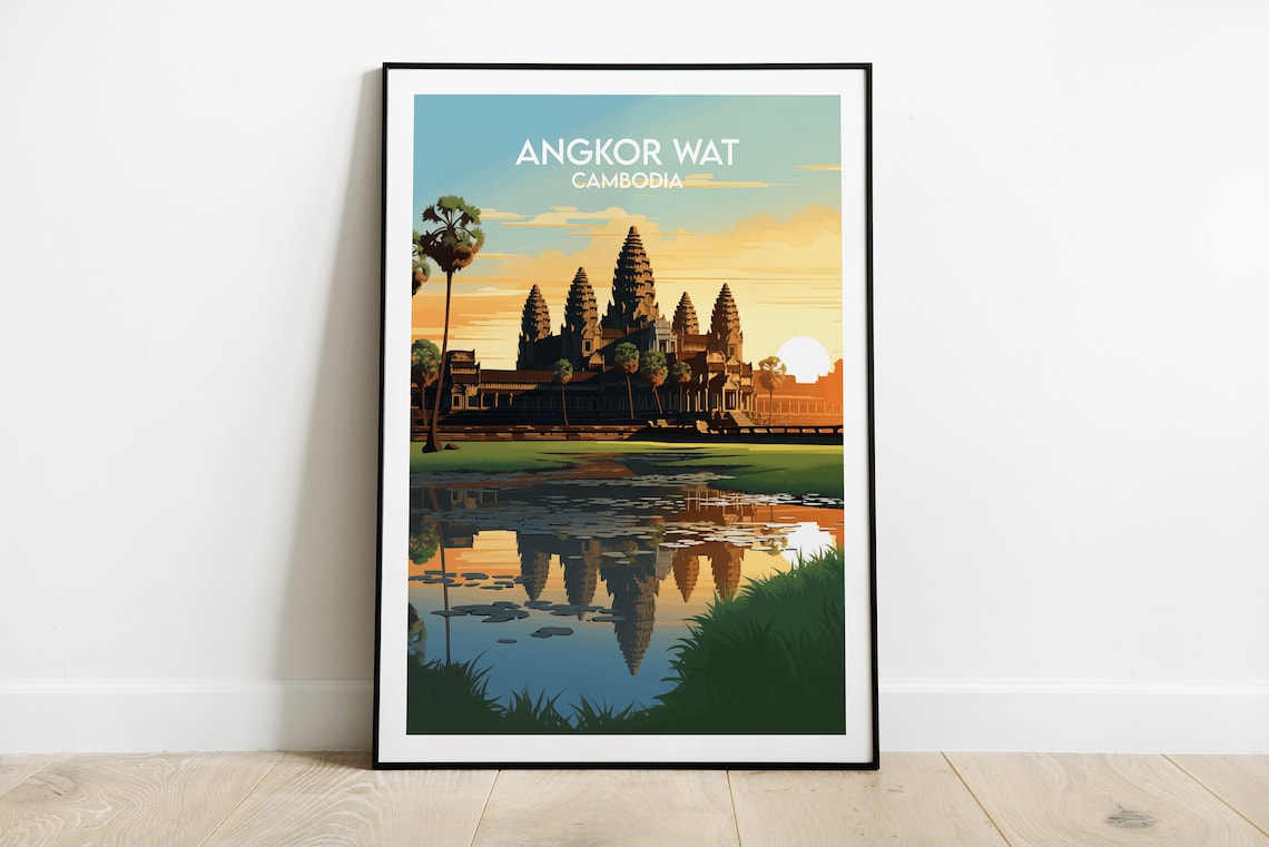 Angkor Wat Cambodia Temple Sunrise Reflection Vintage Travel Poster