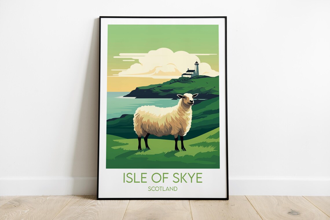 Isle of Skye Scotland Sheep Meadow Lighthouse Vintage Travel Poster
