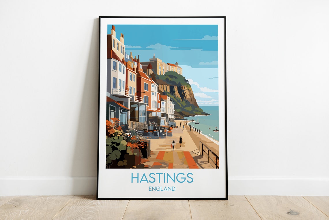 Hastings England Seafront Promenade Cliff Beach Vintage Travel Poster