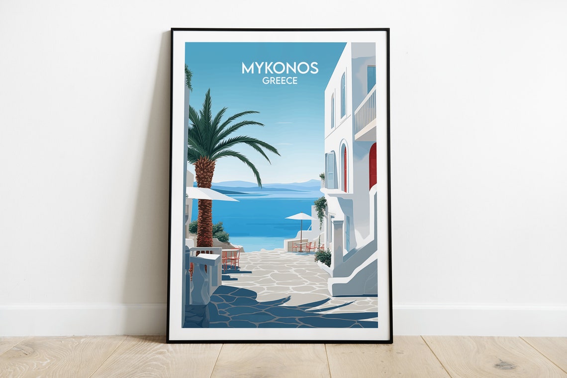 Mykonos Greece Whitewashed Alley Palm Sea View Travel Poster