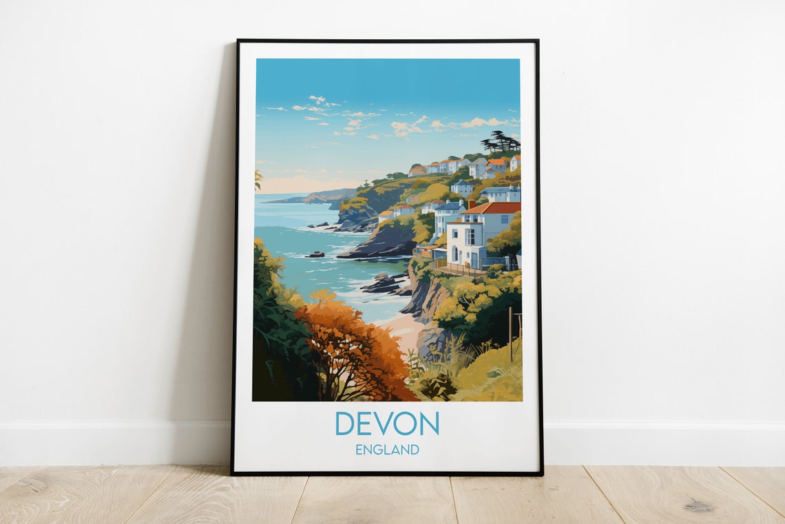 Devon England Coastal Village Rocky Shore Summer Travel Poster