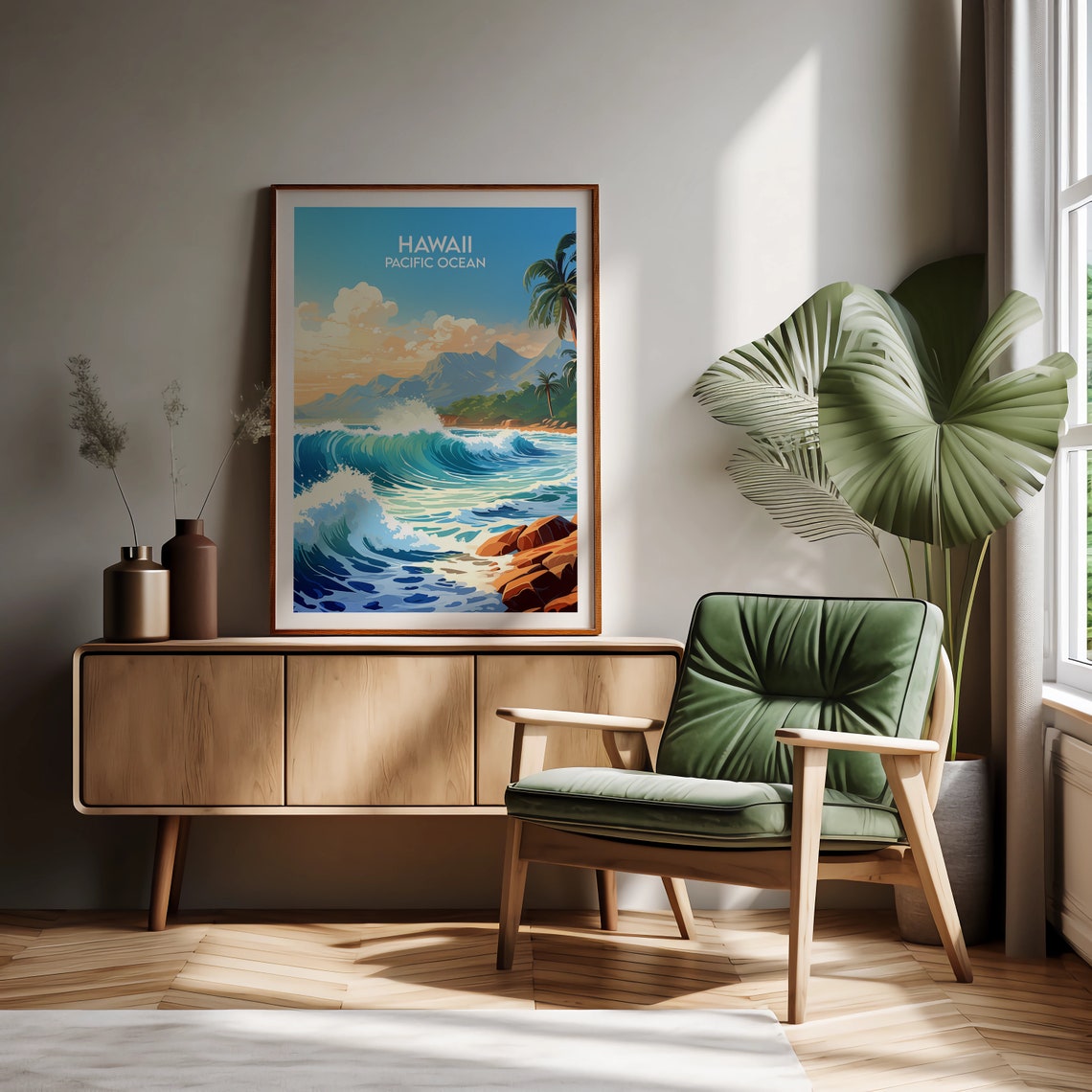 Hawaii Pacific Ocean Blue Surf Waves Retro Travel Art Poster - Image 2