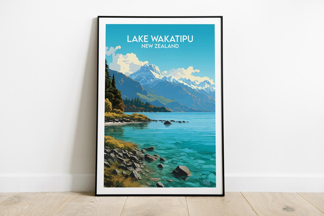 Lake Wakatipu New Zealand Clear Turquoise Lake Vintage Poster