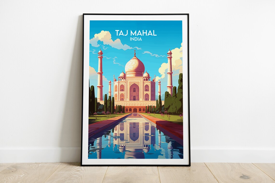 Taj Mahal India Retro Travel Poster Bright Blue Sky Palace Domes
