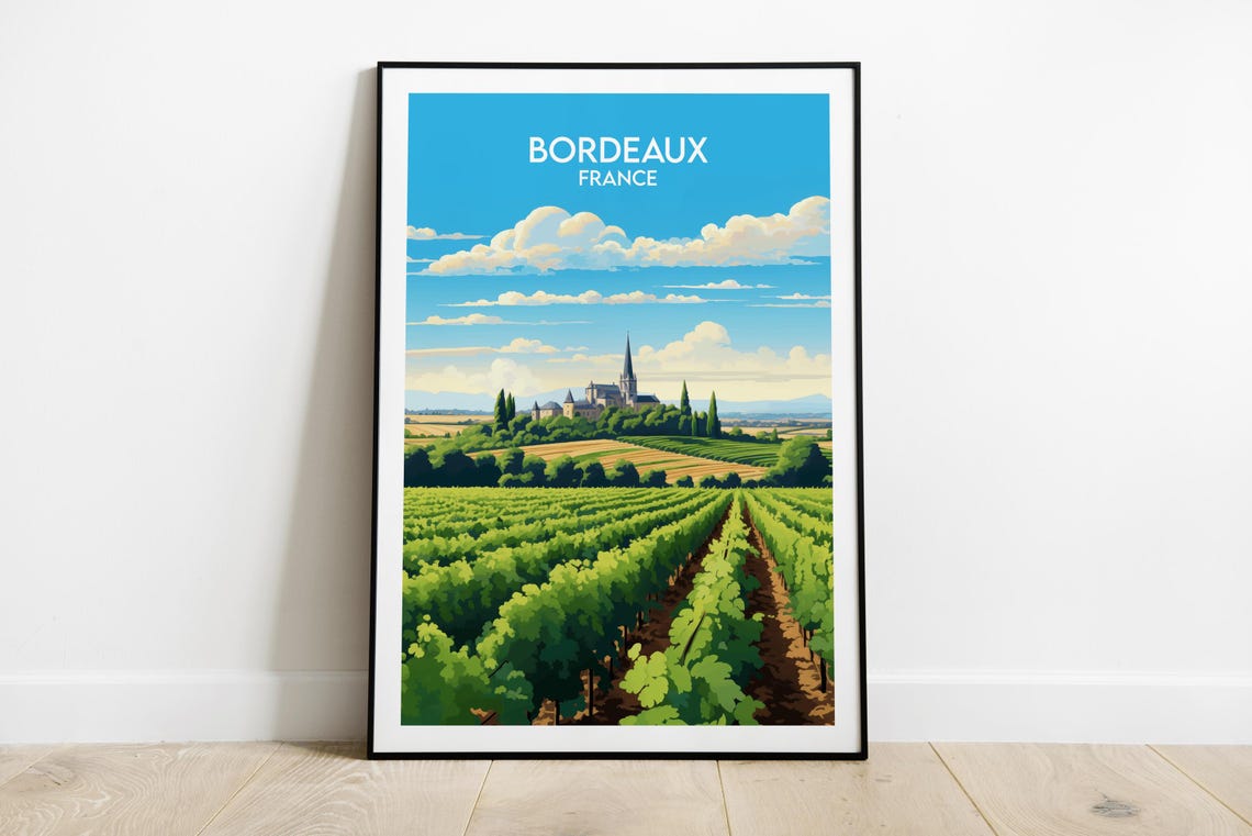 Bordeaux France Vineyard Rows Distant Church Vintage Travel Poster