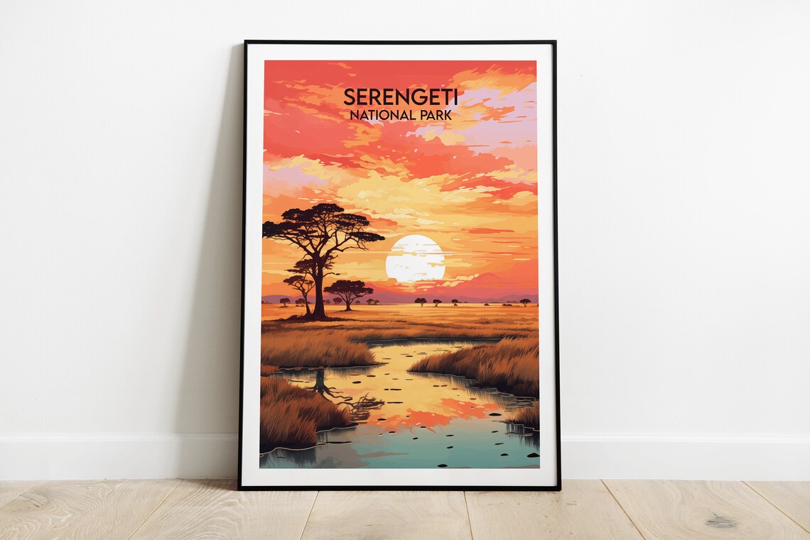 Serengeti National Park Sunset Savanna Acacia Africa Travel Poster