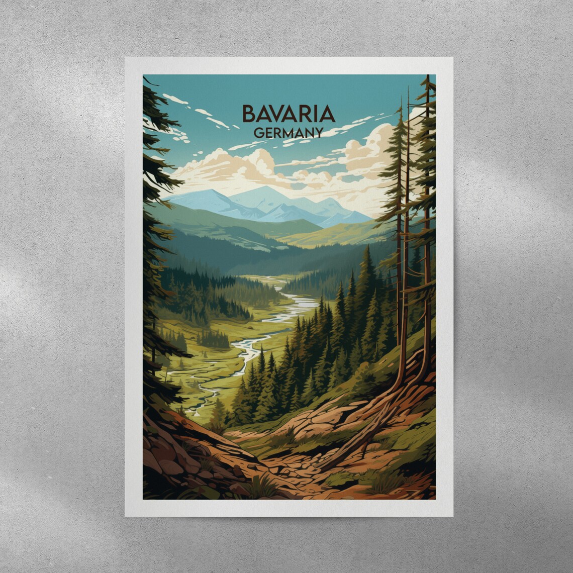 Bavaria Germany Mountain Valley River and Pines Retro Travel Poster - Image 3