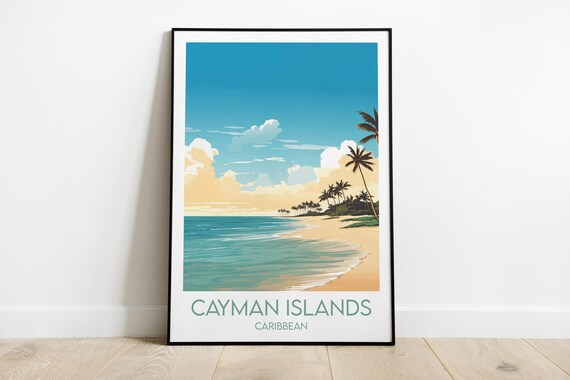 Cayman Islands Caribbean Beach With Palm Trees Vintage Travel Poster