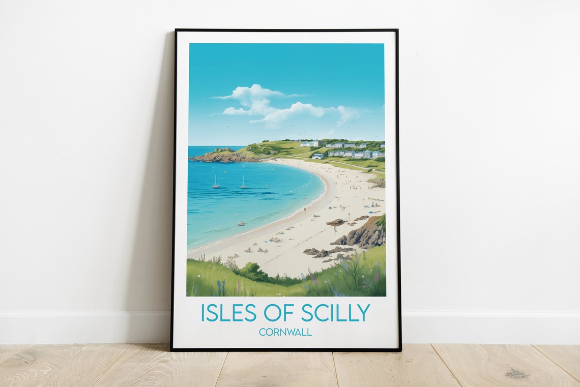 Isles Of Scilly Cornwall Beach Bay Illustrated Travel Poster