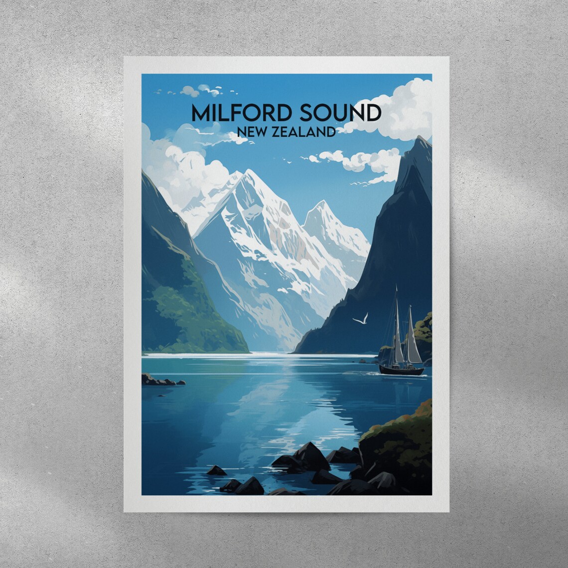 Milford Sound New Zealand Fjord Peaks Sailboat Travel Poster - Image 4