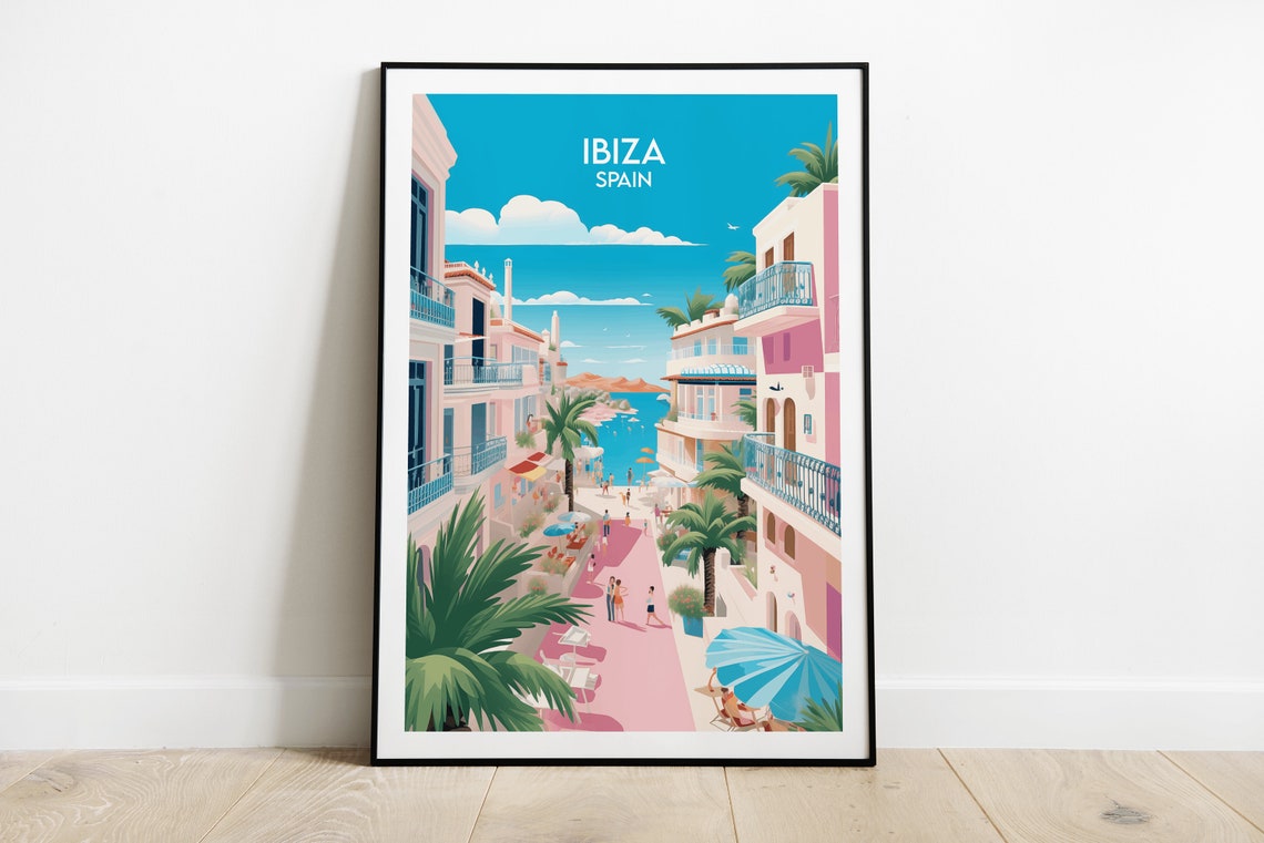 Ibiza Spain Pink Mediterranean Street Palms Vintage Travel Poster