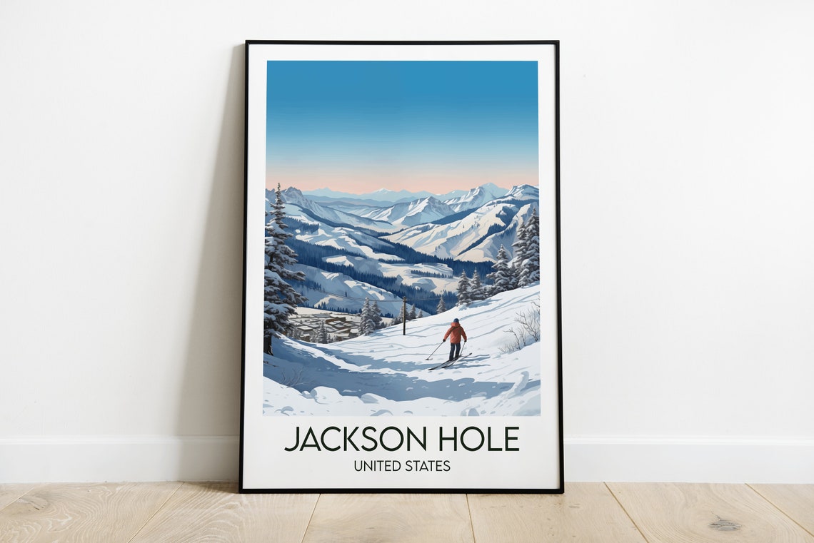 Jackson Hole United States Ski Poster Winter Mountains Skier Descent