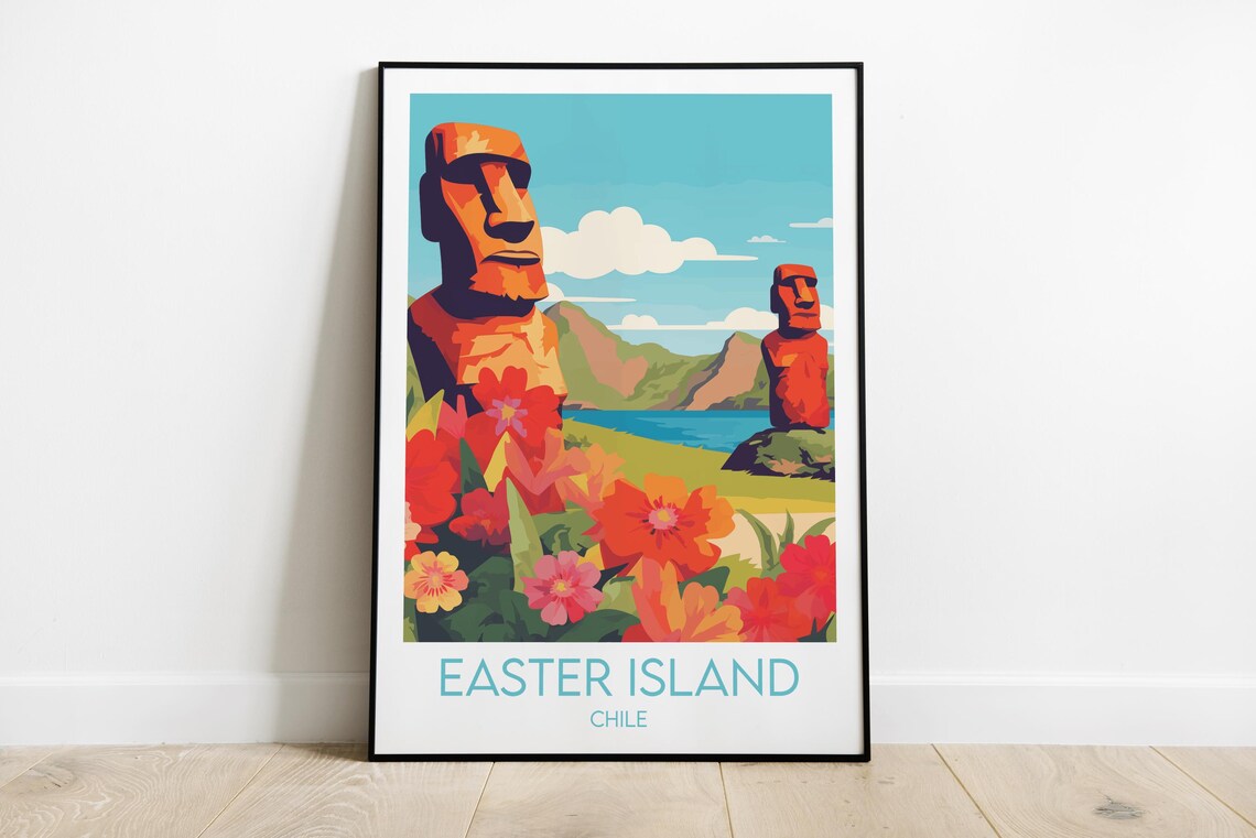 Easter Island Chile Moai Statues Tropical Flowers Retro Travel Poster