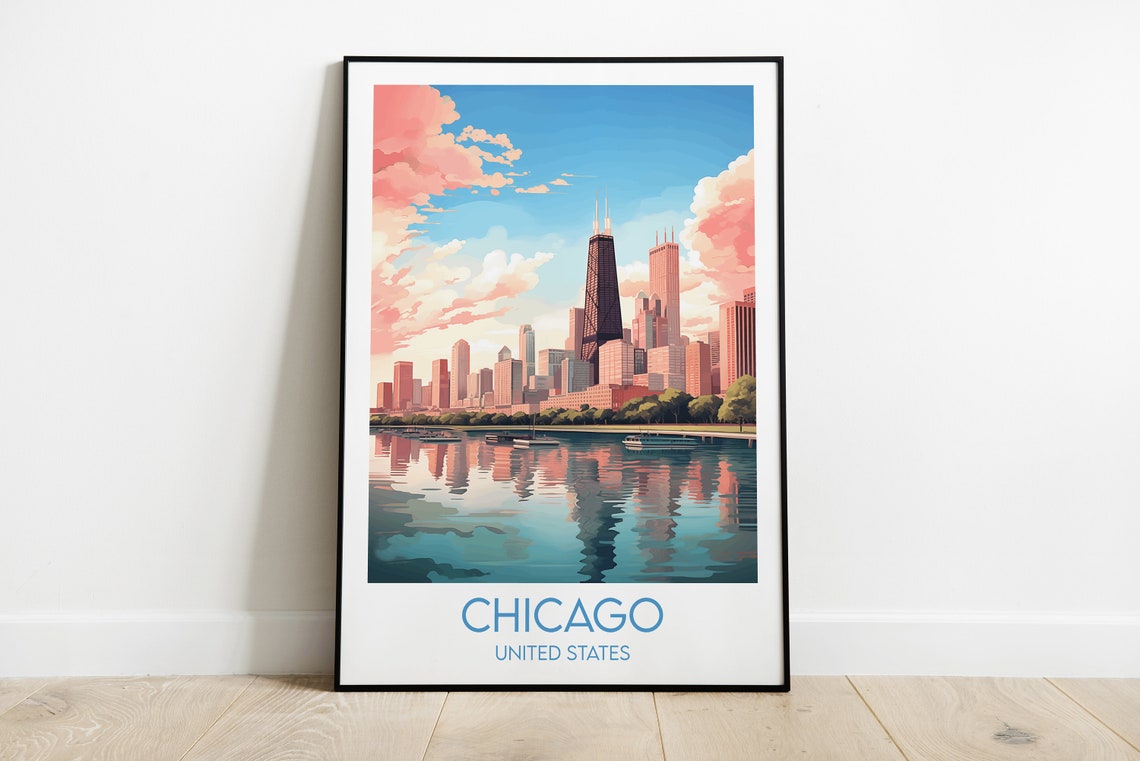 Chicago United States Lakefront Skyline Sunset Reflection Poster