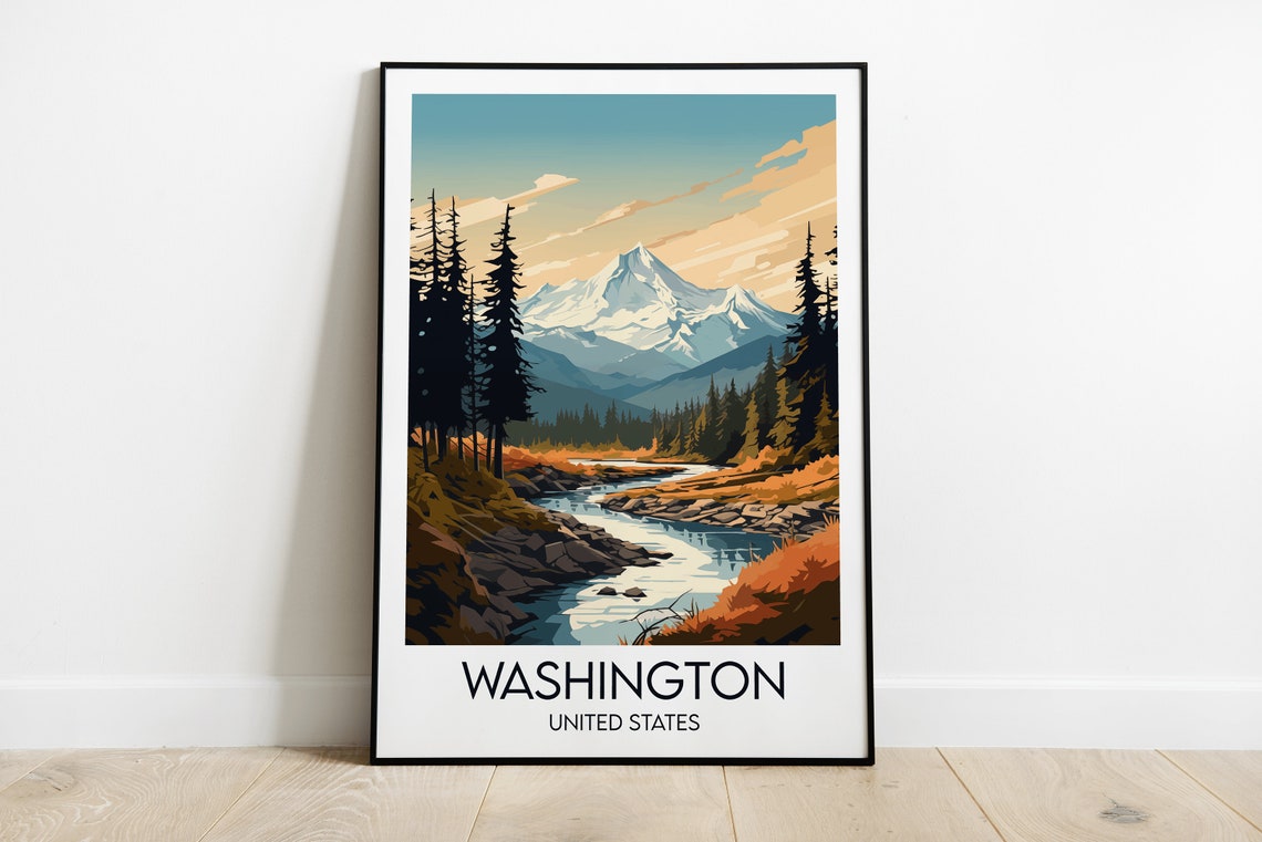 Washington USA Snow Capped Mountain River Pine Forest Travel Poster