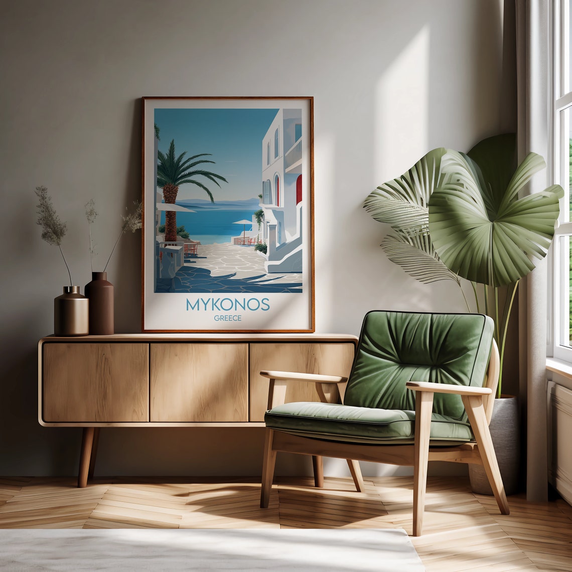 Mykonos Greece Whitewashed Alley Palm Seaside Village Travel Poster - Image 3