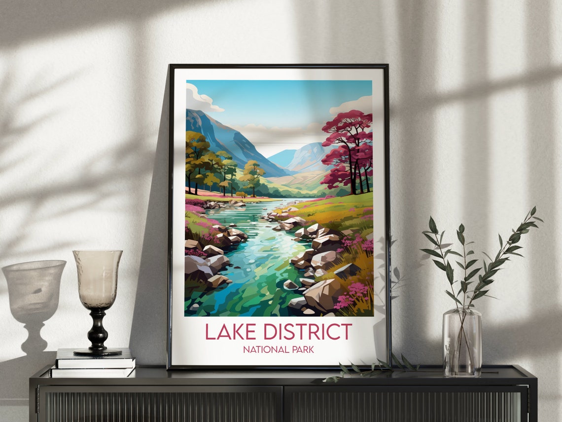 Lake District National Park Stream Valley Pink Tree Scenic Poster - Image 3