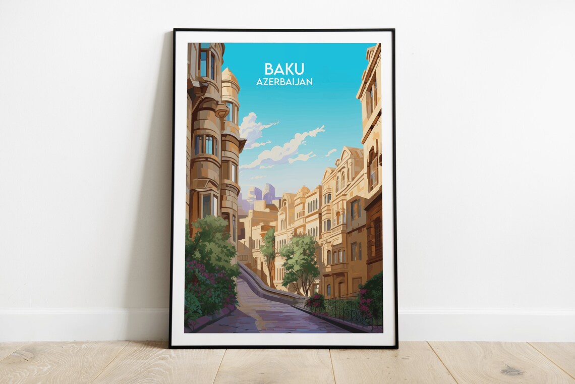 Baku Azerbaijan Old Town Street Historic Buildings Travel Poster