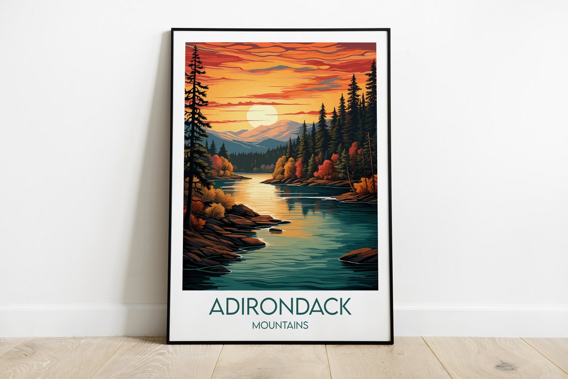 Adirondack Mountains Golden Sunset Lake Pines Scene Travel Poster