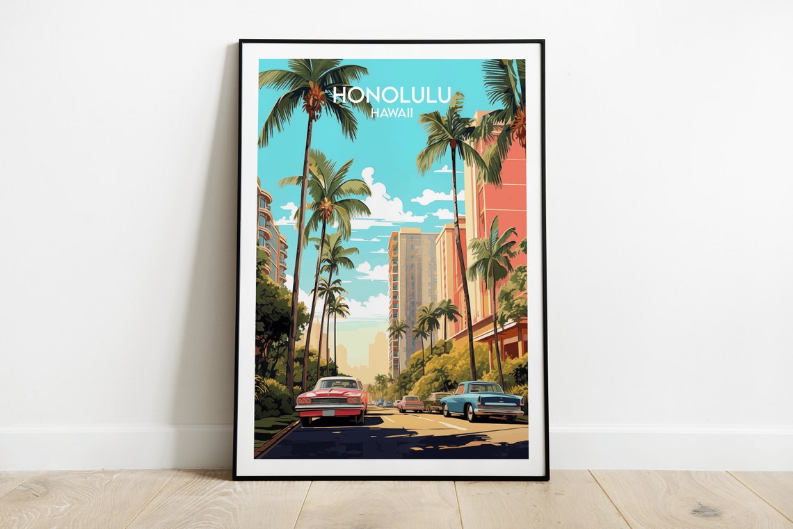 Honolulu Hawaii Vintage Street Palm Trees Classic Cars Poster